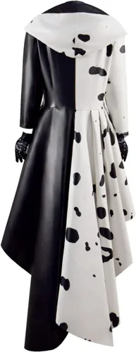 Vista 4 de Xuminvty Cruella Deville - Guantes de disfraz de bruja negra y blanca para adultos, peluca de Cruella, abrigo de Cruella, pantalones para mujer