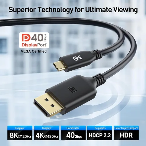 Vista 2 de Cable Matters [Certificado VESA] Cable USB C unidireccional a DisplayPort 2.1 de 40 Gbps – 3.3 pies, soporta DP40, 8K @120Hz / 4K a 480Hz