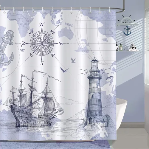 Vista 10 de Cortina de Ducha Bonhause Lighthouse, Decoración de Baño Náutica Costera con Velero y Brújula, 72 x 72 Pulgadas, Tela de Poliéster Impermeable