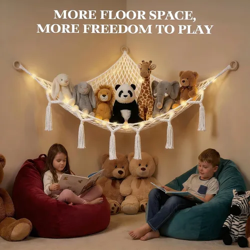 Vista 6 de Hamaca de almacenamiento de animales de peluche, red de hamaca de juguete grande para decoración de habitaciones de animales de peluche, bonita red