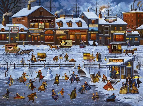 Vista 2 de Buffalo Games Charles Wysocki - Bostonianos y frijoles - Rompecabezas de Navidad de 1000 piezas - Rompecabezas festivo para adultos - Piezas