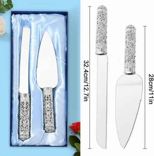 Vista 3 de Juego de cuchillo y servidor de plata para boda, juego de 2 piezas de postre con mango de metal con piedras de cristal para decoración de bodas