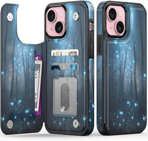 Vista 185 de FUNMIKO Funda tipo cartera para iPhone 15 con tarjetero + clip para efectivo, bloqueo RFID, protección contra caídas de grado militar y obras