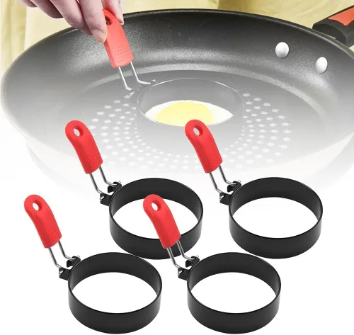 Vista 8 de Anillos de huevo de acero inoxidable para freír, anillos redondos para cocinar, moldeadores de panqueques con mango de silicona naranja, moldes A-2