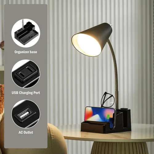Vista 2 de Lámparas de escritorio pequeñas para oficina en casa, lámpara de mesa con puerto USB y tomacorriente, lámpara de escritorio con soporte