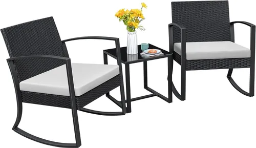Vista 8 de Homall - Juego de muebles de patio de 3 piezas de resina para uso en exteriores - Juego de bistró con sillas de columpio acolchadas y mesa para Negro