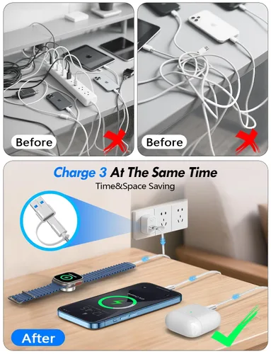 Vista 4 de Esenciales de viaje para cargador de Apple Watch, cargador de iPhone, cable de carga de viaje 3 en 2 tipo C/Lightning/magnético, cable de carga