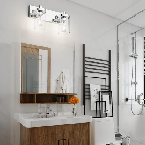 Vista 6 de Aipsun Accesorios de iluminación de tocador de baño, luz cromada, 2 luces, luz de baño de acero inoxidable con pantalla de vidrio transparente