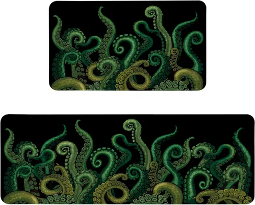 Vista 13 de Alfombras de Cocina Vintage Negras y Verdes Botánicas, Juego de 2 Alfombras de Cocina Antideslizantes Lavables, Tapetes de Cocina con Helechos