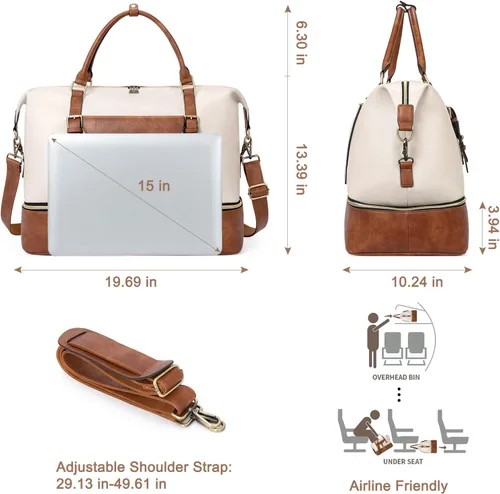 Vista 3 de CLUCI Bolsa de fin de semana para mujer, de cuero, grande, con compartimento para zapatos, Beige con marrón.