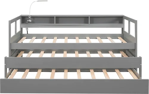 Vista 5 de DEINPPA Sofá cama individual XL de triple capa con cubos de almacenamiento y luz de lectura, cama nido de madera con dos nidos adicionales