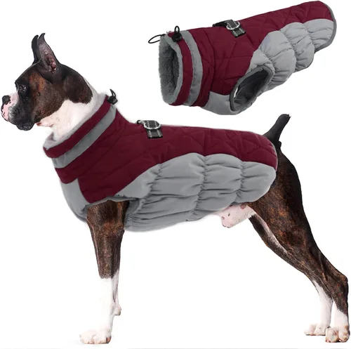 Vista 33 de Lelepet Abrigo cálido para perro, abrigo de invierno para perro, chaqueta impermeable para perros con arnés integrado reflectante de forro polar