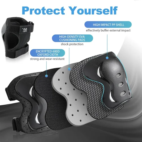 Vista 2 de Rodilleras para niños/jóvenes/adultos, coderas con protectores de muñeca, conjunto de equipo de protección de 6 piezas para patinaje sobre ruedas