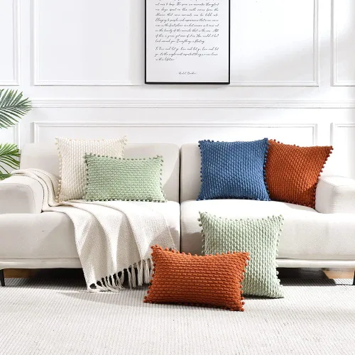 Vista 6 de Fancy Homi - Juego de 2 fundas de cojín decorativas crema blanco de 40 x 40 cm con pompones para sofá cama, decoración de hogar moderna, rústica