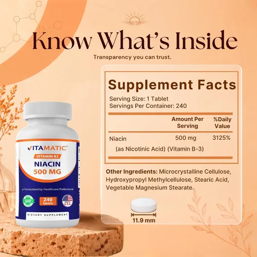 Vista 2 de Vitamatic Niacina (vitamina B3) 500 mg, 240 comprimidos - Sin OMG y sin gluten - 480 tabletas (paquete de 2)