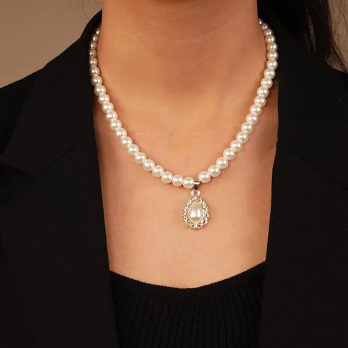 Vista 2 de YERTTER Gargantilla de perlas vintage, juego de aretes con dije de gota, gargantilla de perlas, collar de declaración, regalo para ella (E)