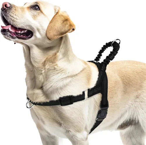 Vista 7 de PUPTECK Arnés sin tirones para perros grandes, chaleco arnés reflectante ajustable para mascotas con asa elástica, arnés a prueba de escape sin Negro