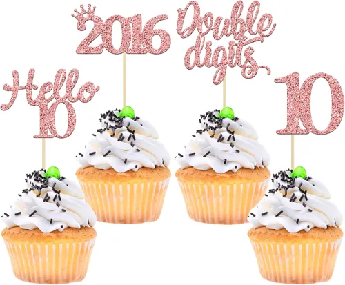 Vista 8 de Gyufise Paquete de 24 adornos negros para cupcakes de 10.º cumpleaños con purpurina negra 10 Ten Hello 10 Dights dobles desde 2015 para decoraciones