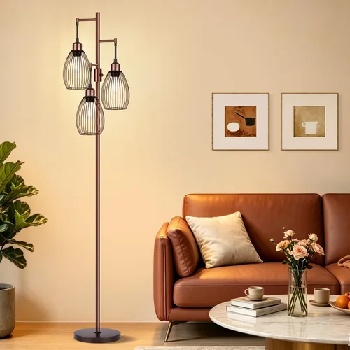 Vista 15 de Lámpara de pie regulable, 3 bombillas LED Edison de 800LM incluidas, lámpara de pie industrial de granja lámpara de árbol de pie con elegante jaula