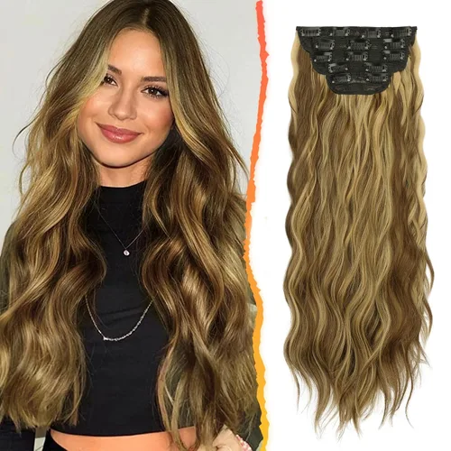 Vista 24 de BARSDAR Extensiones de cabello ondulado con clip negro marrón - 14 pulgadas, extensiones de cabello corto ondulado con clip para mujer - 5 piezas