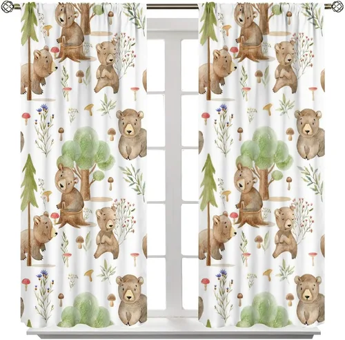 Vista 3 de Cortinas de animales del bosque, tratamientos de ventana para dormitorio del hogar, decoración de ventana de caricaturas, oso de acuarela, ardilla