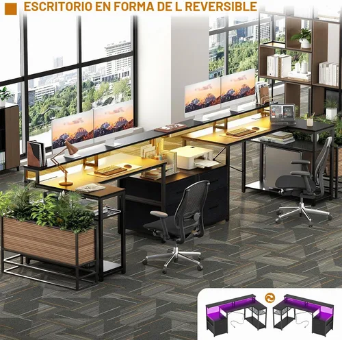 Vista 5 de Aheaplus Escritorio en forma de L con cajón de archivos, escritorio reversible en forma de L para computadora y juegos con toma de corriente
