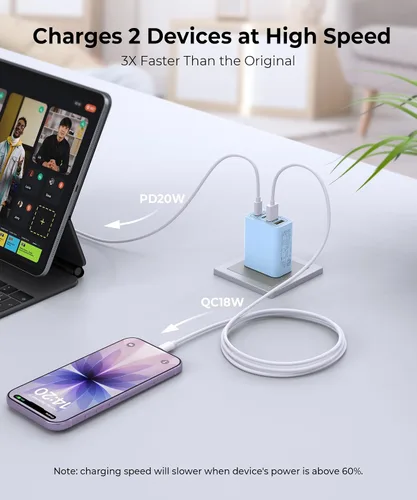Vista 3 de [Paquete de 2] Cargador de pared USB C, cargador tipo C de 40 W, bloques de 40W 2Pack Azul bebé