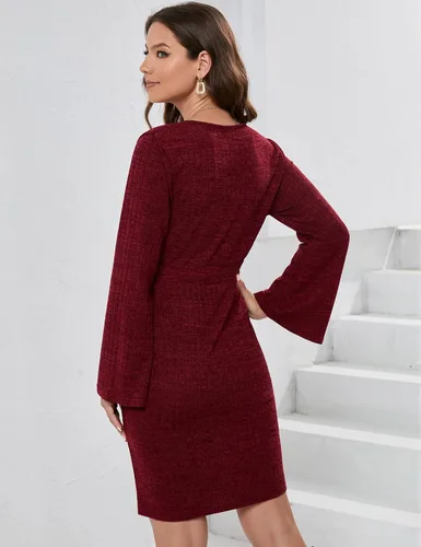 Vista 6 de KOJOOIN Maternity Dress Rib Knit Wrap V Neck Bell Long Sleeve Sweater Bodycon Midi Dress Baby Shower Photoshoot