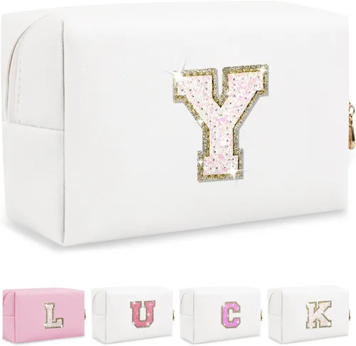 Vista 23 de Bolsa de maquillaje con parche de letra inicial personalizada, bolsa de cosméticos de chenilla preppy con letra de chenilla con cremallera, Y