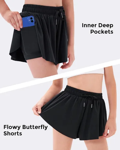 Vista 4 de Stelle Pantalones cortos fluidos con bolsillos para niñas, falda atlética para correr, cintura alta, mariposa, 2 en 1, pantalones cortos deportivos