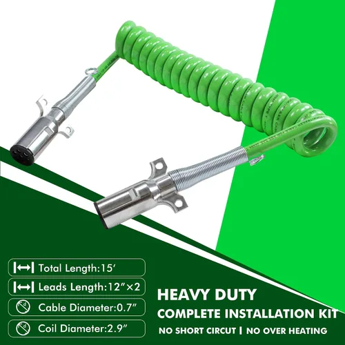 Vista 4 de Ensamblaje de cable resistente, cable de alimentación eléctrica de remolque ABS de 7 vías de 15 pies en espiral cable verde enchufes de zinc