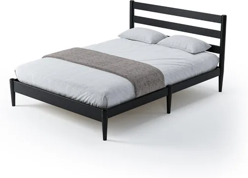 Vista 3 de Camaflexi Mid-Century - Cama de plataforma moderna, madera maciza, cabecera de listones, base de colchón de 10 listones de madera, no necesita Negro