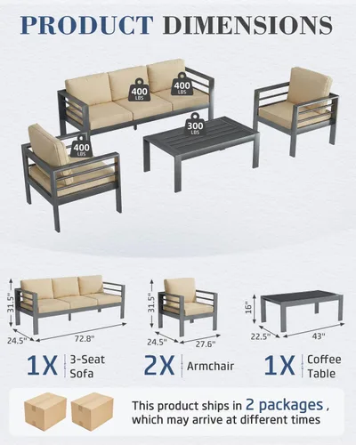 Vista 2 de AECOJOY Juego de muebles de patio de aluminio, muebles modernos de exterior de 5 asientos con mesa auxiliar, 4 piezas de sofá seccional