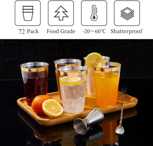 Vista 8 de N9R 60 platos de postre de plástico dorado con tenedores y 72 vasos de plástico dorados