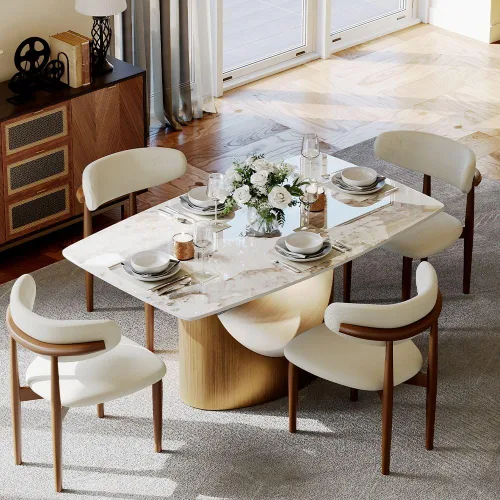 Vista 23 de POVISON Juego de mesa de comedor para 4, mesa rectangular negra de piedra sinterizada mate de 63 pulgadas con base de acero al carbono bronce, silla