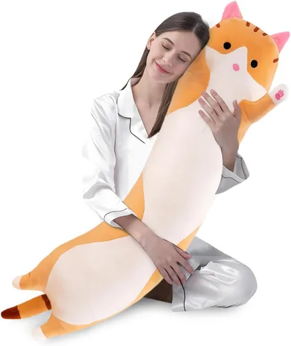 Vista 17 de shangman Bonita muñeca de gato de peluche, bonita almohada de peluche suave de caricaturas, almohada larga para dormir, regalo del día de San Negro