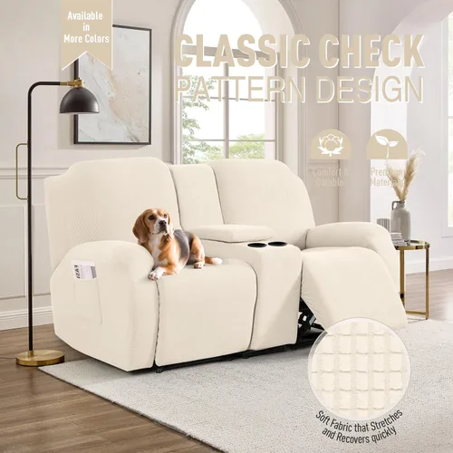 Vista 2 de TAOCOCO Funda reclinable para sofá biplaza con consola central, funda elástica para sofá reclinable de 2 asientos, fundas de sofá reclinable de Beige