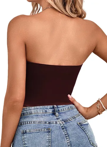 Vista 2 de LYANER Blusa sexy de satén con cuello de corazón para mujer, sin tirantes, corsé