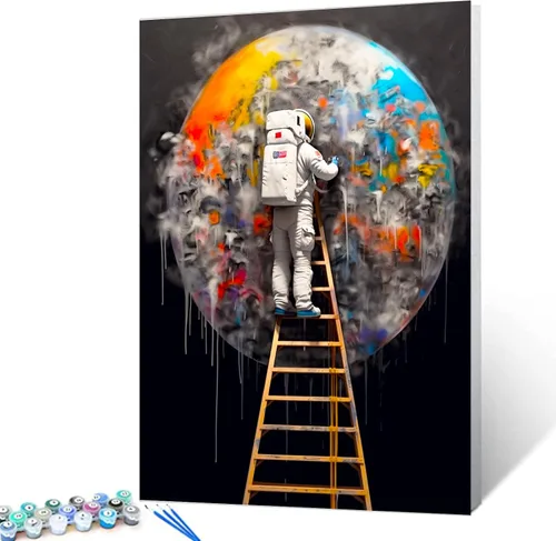 Vista 10 de Tucocoo Graffiti Astronauta - Pintura por números para adultos, espacio exterior, astronauta, pintura al óleo digital, pintura acrílica, kits