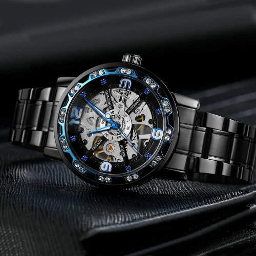 Vista 3 de Reloj de pulsera de esqueleto mecánico masculino de lujo con diseño real de diamantes de moda transparente