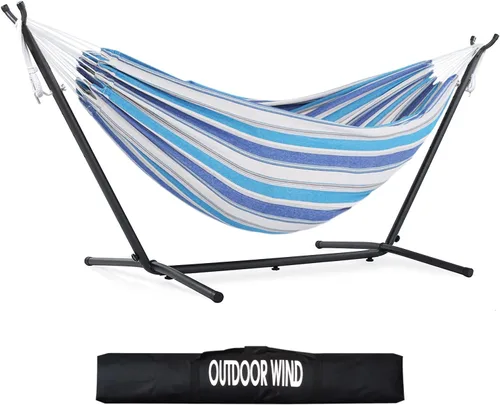 Vista 56 de Hamaca doble ajustable de capacidad de 550 libras con soporte de acero resistente de 10 pies, incluye funda de transporte portátil, fácil de Azul