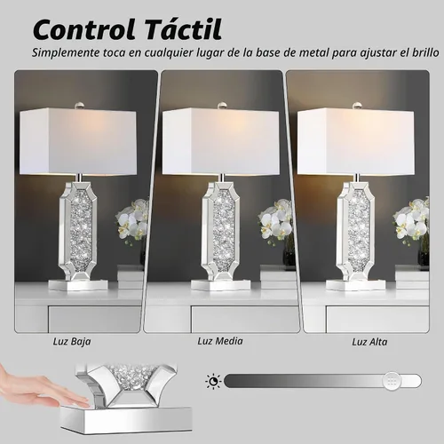 Vista 2 de Hamucd Juego de 2 lámparas de mesa de control táctil y brillo regulable de 3 vías con espejo triturado de diamante, para sala de estar con puertos