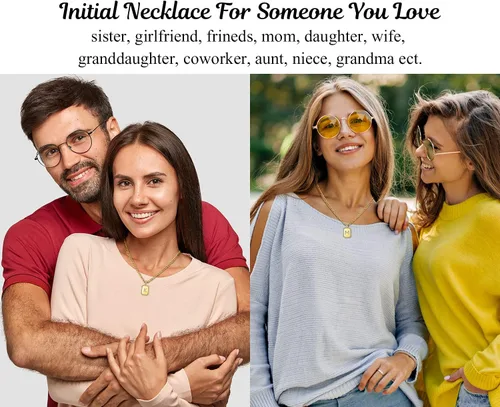 Vista 7 de Collares con inicial de oro para mujer, collar con letras para mujeres y niñas, collar rectangular con monograma de letras, chapado en oro de 18
