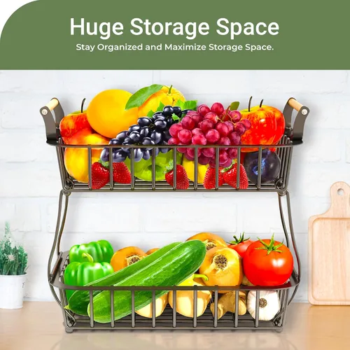 Vista 4 de DINEST Cesta de frutas de 2 niveles para encimera de cocina, organizador de almacenamiento de frutas y verduras de metal desmontable con mango