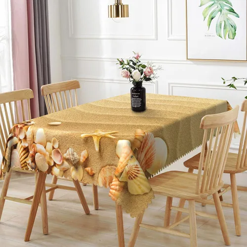 Vista 25 de Mantel oblongo, diseño de playa de 52 x 70 pulgadas, diseño de playa con estrellas de mar y olas de mar, con decoración impermeable y resistente a
