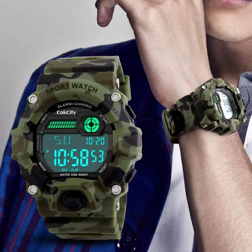Vista 6 de Reloj deportivo LED con estilo de camuflaje para niños, impermeable, digital, electrónico, informal, militar, con correa de silicona, alarma