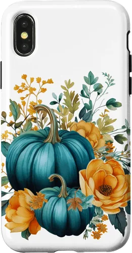 Vista 5 de iPhone 16 Teal Autumn Pumpkin Floral Fall Harvest Foliage Case