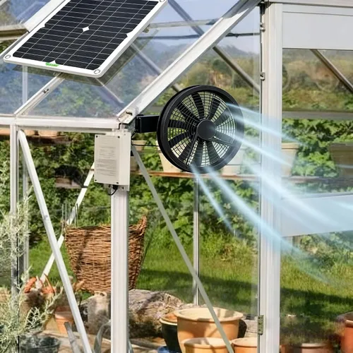 Vista 2 de Kit de ventilador de ventilación con energía solar, ventilador de escape solar de 100 W 12 V con panel para invernadero, gallinero, cobertizo