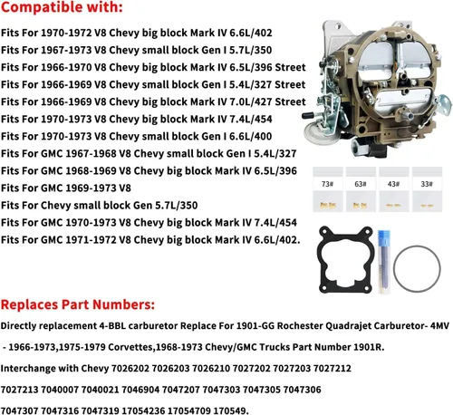 Vista 6 de Carburador Rochester Quadrajet de 4 barriles para Chevy 1966-1973 motores 327 350 427 para camiones y autos, reemplaza 1975-1979 Corvettes 1901R 750
