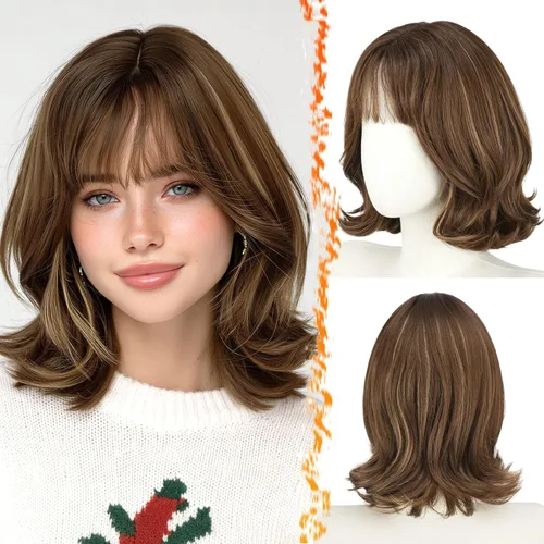 Vista 21 de BARSDAR Synthetic Short Layered Brown Highlights Bob Wig with Wispy Bangs